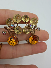 Vintage Earrings Clip On Rhinestone Lemon Yellow Climber Flower PJ