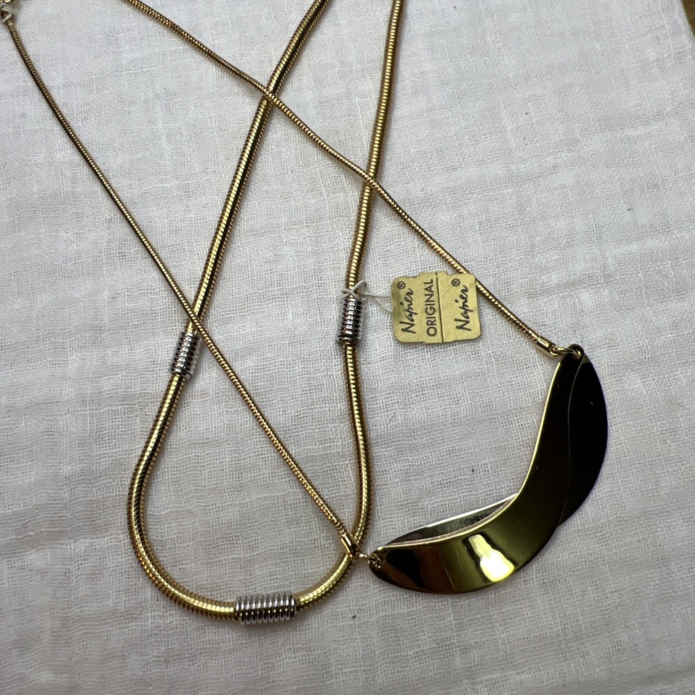 VTG NAPIER NWT 2 PC Modernist Wave Necklace Set 14” 14.5” Two Tone
