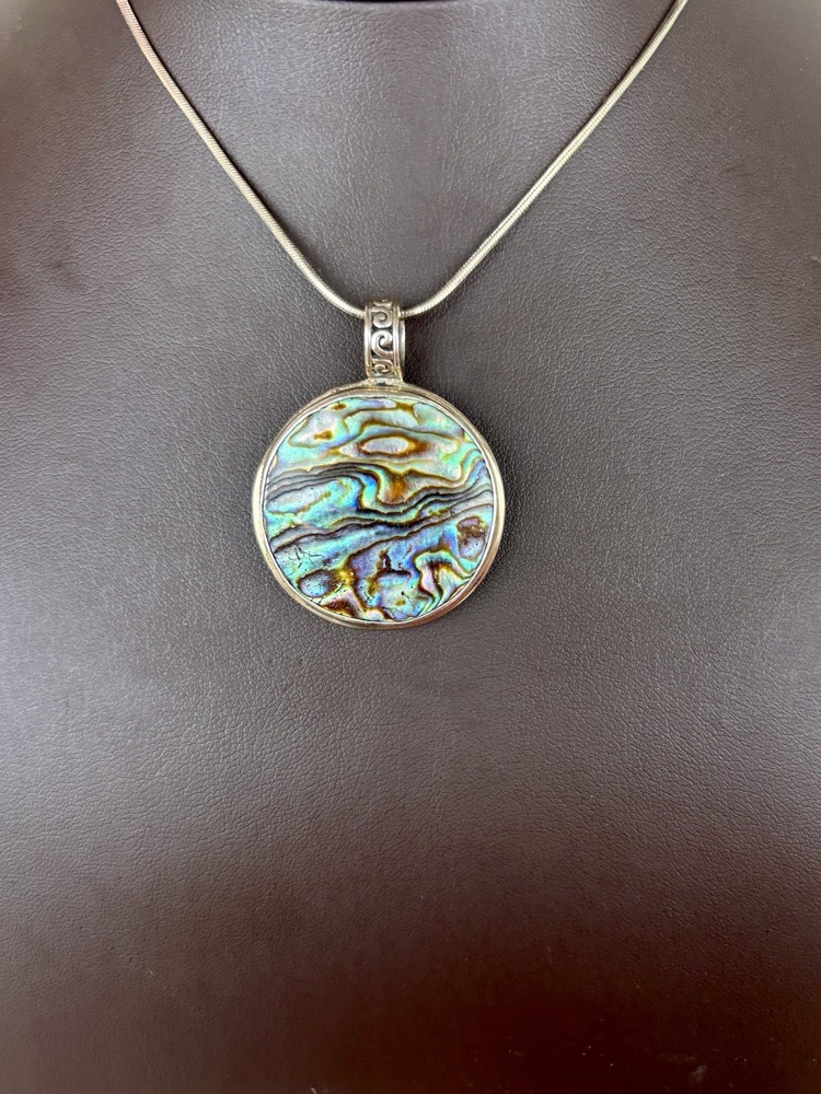 Sterling Silver Large Mother Of Pearl Pendant On 24” 925 Necklace