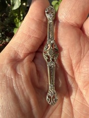 Antique Edwardian Silver Tone Large Stickpin Brooch Pin Etched Ornate Crystals