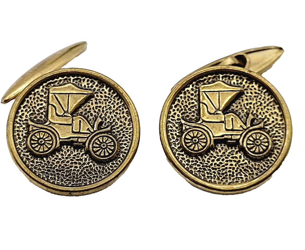 Brass Runabout Automobile Vintage Cufflinks or Vest Buttons Round Shape Detailed