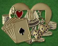 VTG AJC Brooch Pin Queen of Hearts Royal Flush Chips Dice Goldtone Enamel &Bonus
