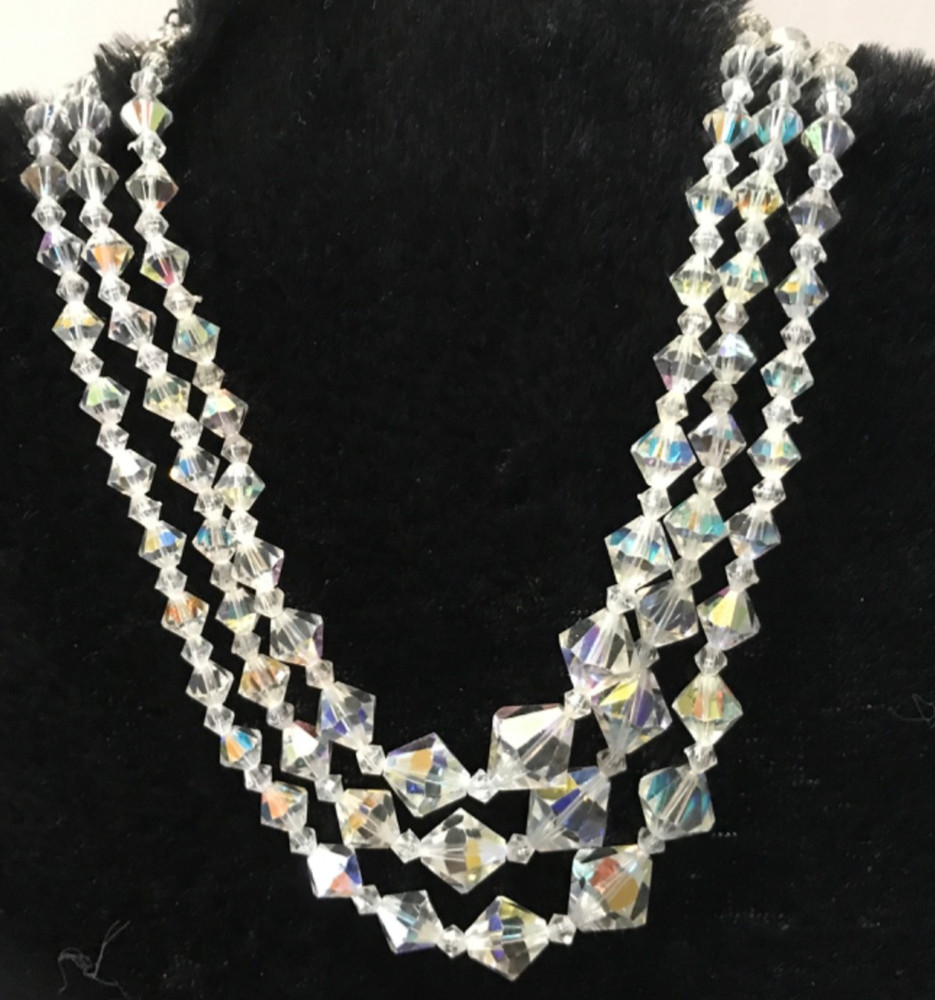 Vintage 1950s Aurora Borealis Necklace Multi Strand Faceted Graduated 12”