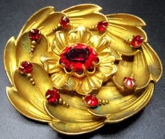 French Red Rhinestone Flower Antique Pin Brooch W/ Trombone Clasp