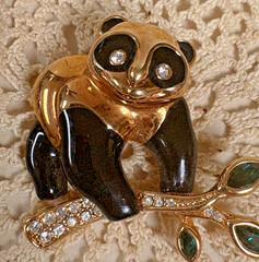 Swarovski Panda Bear Brooch Enamel Black Gold Tone Green Stone Rhinestones