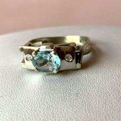 VINTAGE 14K WHITE GOLD AQUAMARINE DIAMOND RING MODERNIST DESIGNER SETTING ITALY