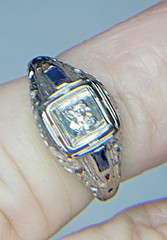 Estate Art Deco Diamond Synthetic Sapphire 18K White Gold Ring