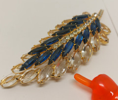 Juliana D&E DeLizza Elster Feather Leaf Brooch Blue Navette Clear Rhinestones 4′