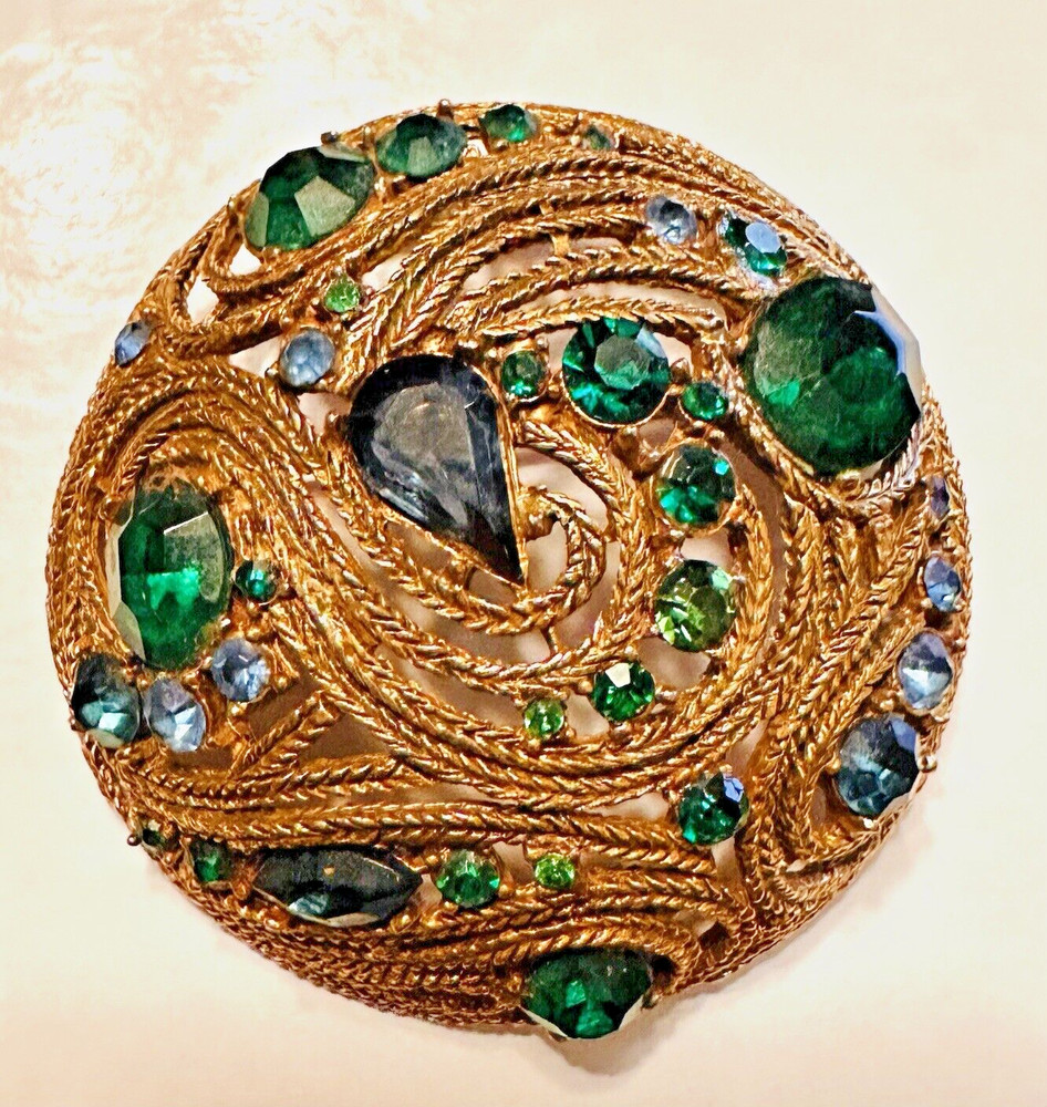 Vintage Statement MCM LA ROCO Circular Green Blue Rhinestone Brooch