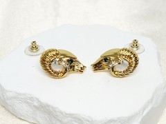Pair KJL For Avon Gold Tone Green Eyed Ram Head Post Earrings