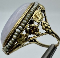 VINTAGE ANTIQUE 14K YELLOW GOLD GENUINE LAVENDER JADE SEED PEARL RING SZ. 6 3/4