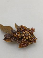 CARA STIMMEL LTD 1987 vintage wired seed beads etched brass leaves flower brooch