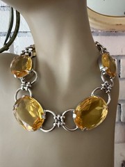 GRAZIANO SIGNED FAUX CITRINE LUCITE LARGE SILVER TONE NECKLACE 21″ STATEMENT