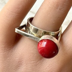 Red Index Finger Modernist Ring Square Geometric SZ 9 Signed Sterling Silver 925