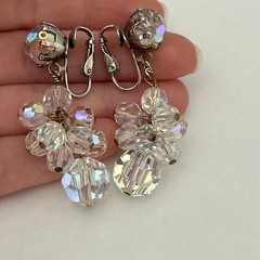 Vintage AB Crystal Glam Cha Cha Beaded Clip On Dangle Drop Earrings