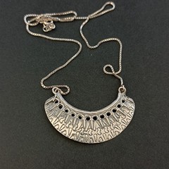 Vintage Sterling Silver Moon Crescent Necklace Ethnic Folk Inspired Engraved Bib