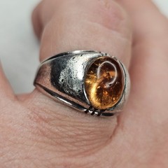 Vintage Clark & Coombs Sterling Silver Ring Amber Glass Cabochon Size 11.75