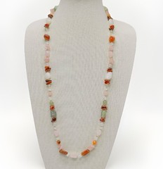Vintage Beggars Bead Necklace Semi Precious Gemstones 31″ Pink Green Clear
