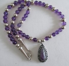 STERLING & AMETHYST MEXICO PENDANT & NECKLACE, 22 INCHES, 8.5MM WIDE, 49 GRAMS