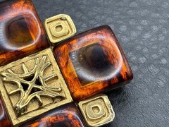 Vintage HUGE 80s Gold Tone Faux Amber Maltese Cross Brooch Pin Statement Piece