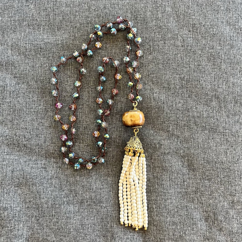 Art Deco Style Aroura Crystal Rhinestone 36” Long Necklace With Beaded Tassel