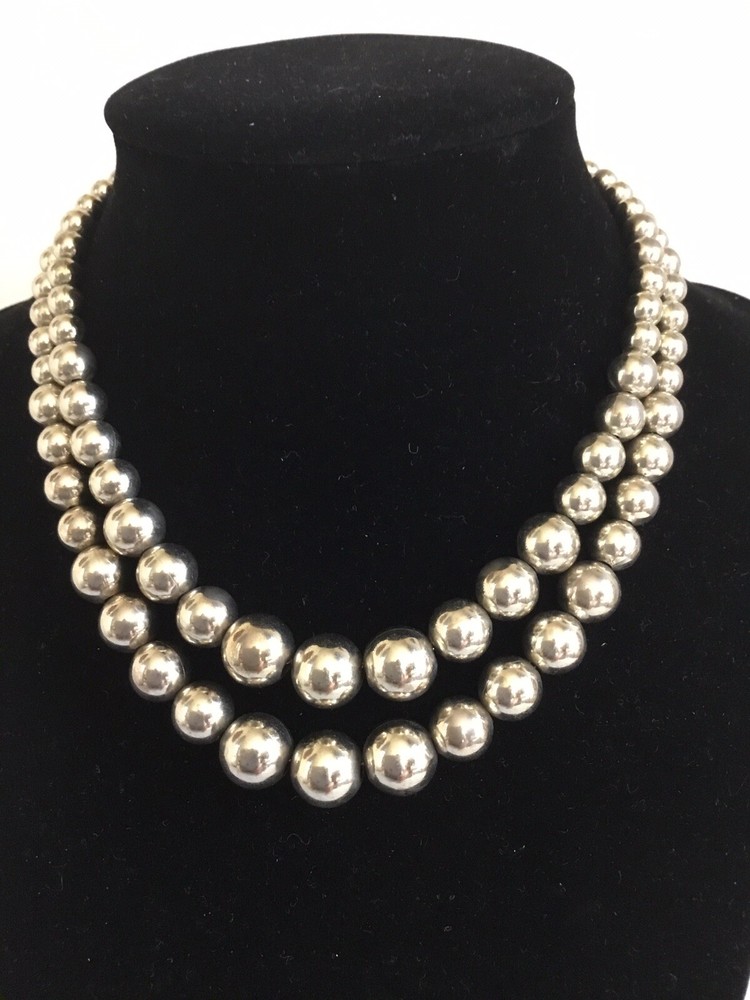 Monet Silver Plated Metal Pearl Necklace Double Strand Chain Strung J Hook Clasp