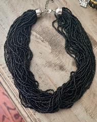 Vintage Black Glass Seed Bead Multi Layered Silver Clasp 18” Statement Necklace