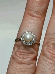 Vintage 14k White Gold White Pearl Diamond Halo Art Deco Edwardian Ring Size 6.5