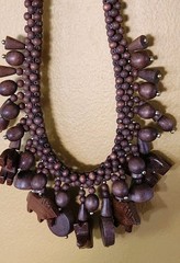 African Animal Bib Necklace Charm Carved Wood Elephant Wolves Brown Tribal Bead