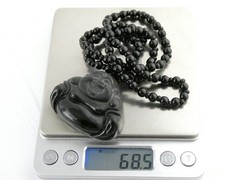 Black Onyx Carved Buddha Pendant Necklace Black Beaded Strand No Clasp 68.5g