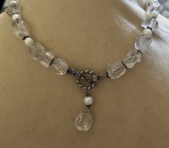 Vintage estate sterling silver raw rock crystal Pearl beaded Toggle necklace 925