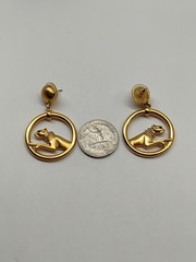 Vintage 80s Jackie Collins Gold Tone Green Eyes Panther Drop Pierced Earrings