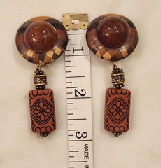 Vintage Clip On Earrings Brown Wood Inlay Cabochon Boho Beaded Dangle Drop