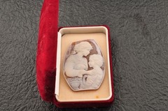 Vintage hexagon shape shell cameo “Mother and Daughter” (68.5ct) sign by artist.