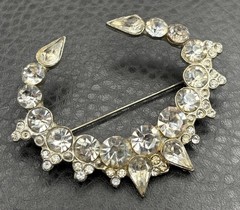 Vintage Unique Large 2.5” Pot Metal Art Deco Rhinestone Crescent Brooch Pin