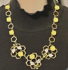 Gold Tone Enamel Bumble Bee & Honey Comb Yellow Flower Necklace, Signed Talbots