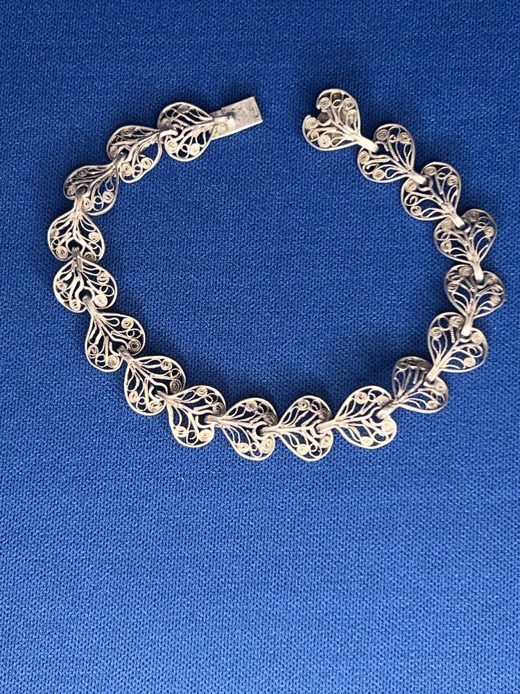 Vintage Sterling Silver 0.925 FILAGREE Heart Links 7.75″ Bracelet RARE
