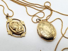 Vintage Goldette Gold Tone Triple (3) Strand Necklace W/ Locket & Medusa? Face