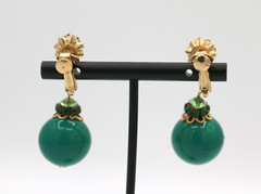 Vintage Vendome Signed Green Ball & Rhinestones Dangle Drop Clip On Earrings