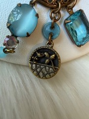 Grandmother’s Buttons Art Glass Necklace Moon Face Vintage Blue Bead Brass Chain