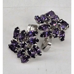 Vtg B David Purple Cluster Marquis Crystal Rhodium Silver Tone Clip On Earrings