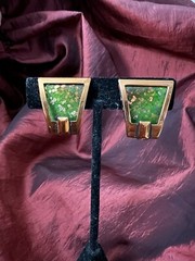 Vintage MATISSE Earrings Bronze Frame Green Inset Speckled Clip On Jewelry