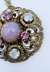 Vtg West Germany Filigree Pendant Necklace Pink Faux Opal Rhinestone Pearl