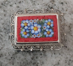 Vintage Italian Micro Mosaic brooch pin in red, blue, green, white and yellow