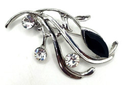 Vintage Silver Tone Crystals A Black Stone Sweeping Statement Pin Brooch 1980’s