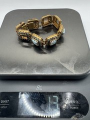 Vintage CZECHO Czech Faux Turquoise Glass Filigree Panel Bracelet 7.5”
