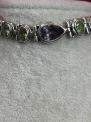 Vintage Sterling Silver Mystic Topaz Peridot Bezel Link Bracelet Adjustable 7-8″