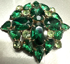 Designer Set Brooch Pin Earrings Green Rhinestone Unsigned Antique MCM