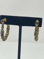 Vintage Gold Tone Twisted Rope Hoop Earrings Grey Silver Beaded Screw Back MCM