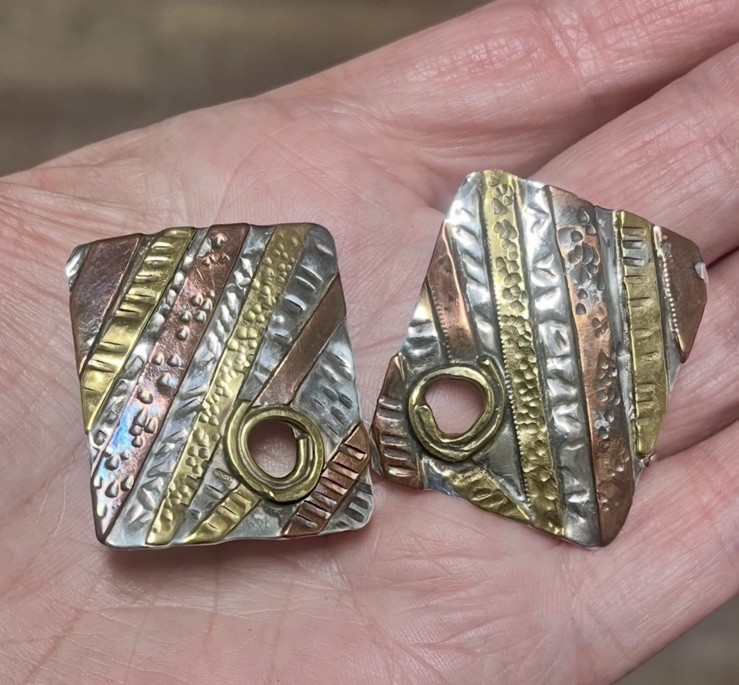 Vintage Artisan Earrings Modernist Mixed Metal Riveted Dangle Clip On So Unique